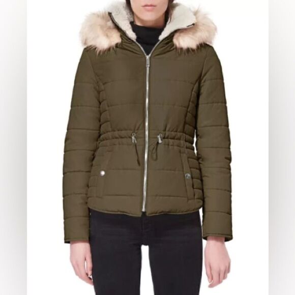 Maralyn Me Juniors Faux-Fur-Trim Hooded Olive Puffer Coat Waist Draw Cord XS New - Picture 1 of 9